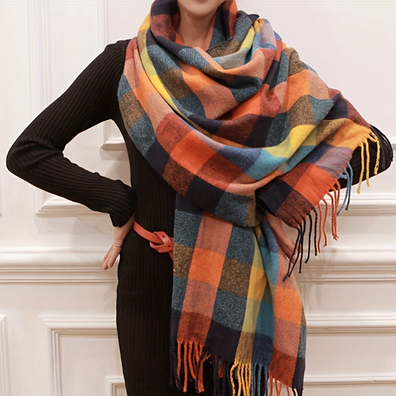 Women's oversized plaid blanket scarf with tassels, perfect for cozy winter fashion & stylish warmth.