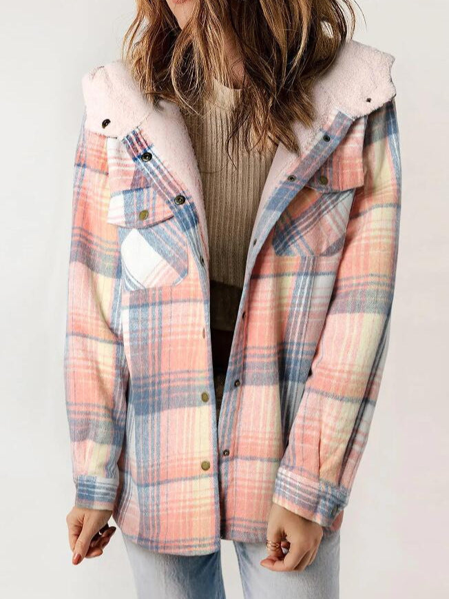 Women's oversized plaid hooded jacket, ideal for cozy fall and winter layering.