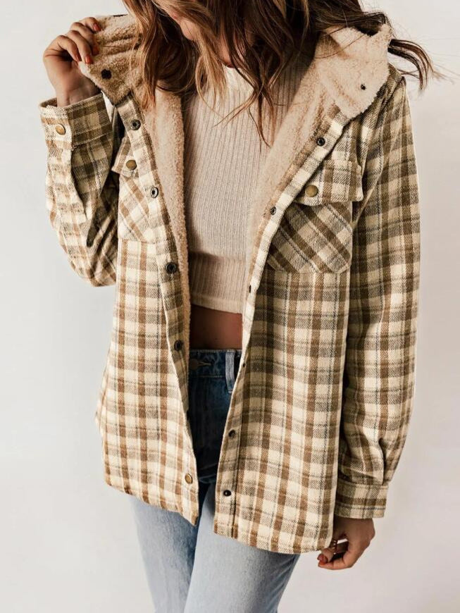 Casual women's retro plaid hooded jacket, perfect for comfortable fall and winter outerwear.