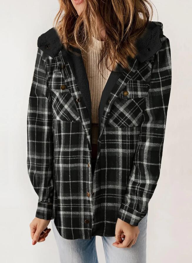 Warm women's plaid hooded jacket with a cozy hood, essential for fall and winter layering.