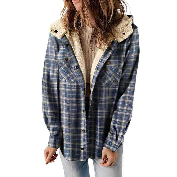 Comfortable women's oversized plaid hooded jacket, great for casual layering and warmth.