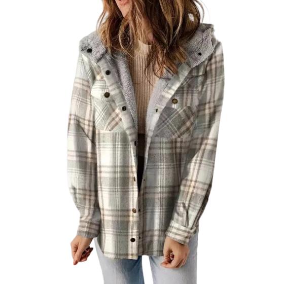 Stylish women's plaid hooded jacket for fall fashion, perfect for cozy winter layering.
