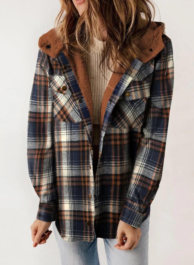 Retro women's plaid hooded outerwear jacket, an oversized option for comfortable winter style.