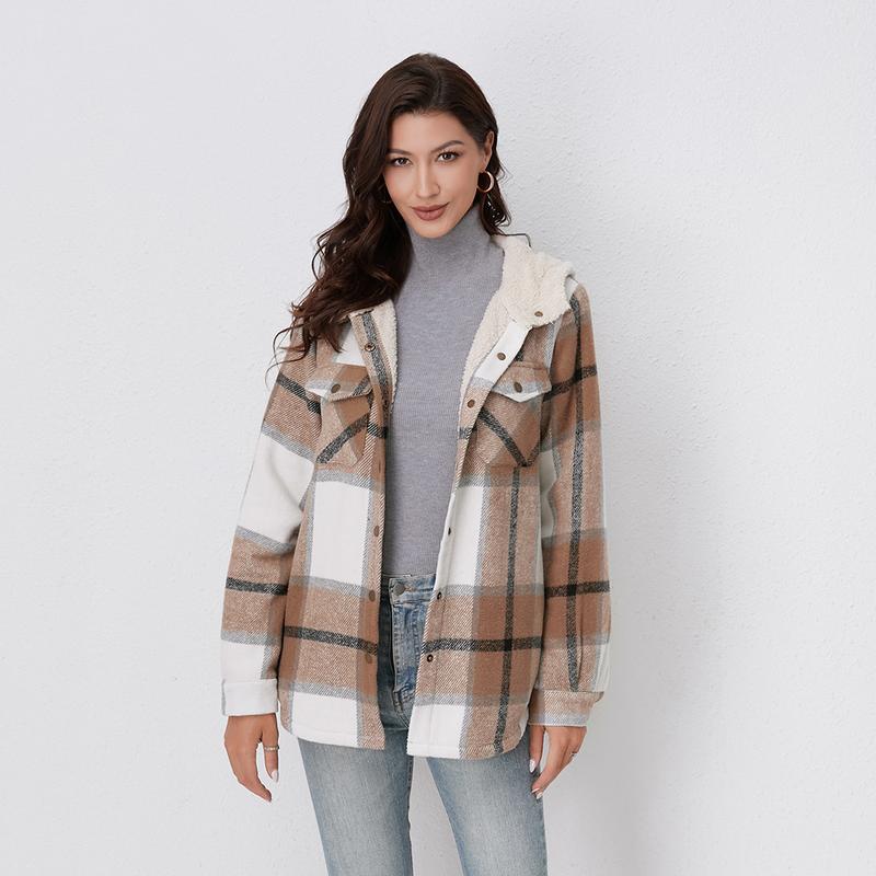 Cozy women's plaid hooded coat, ideal for casual fall and winter layering and comfort.