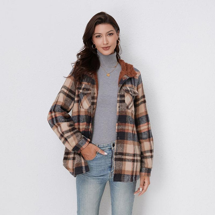 Versatile women's oversized plaid hooded jacket, a must-have for fall and winter style.