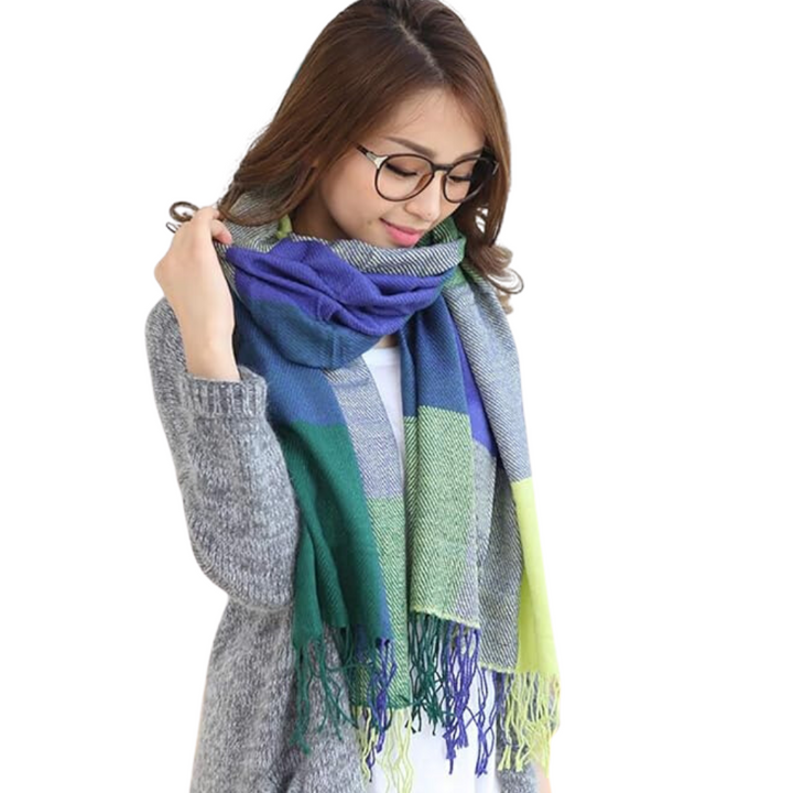 Women's oversized plaid winter scarf in red and black, cozy and thick for cold weather fashion.