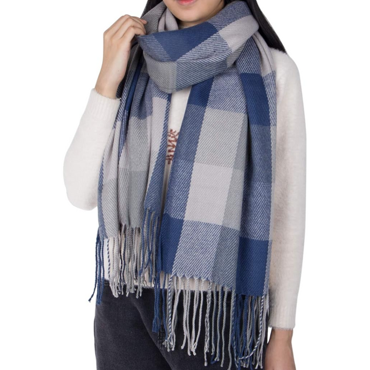 Women's fashion scarf: oversized plaid design, showcasing its generous size and soft fabric.