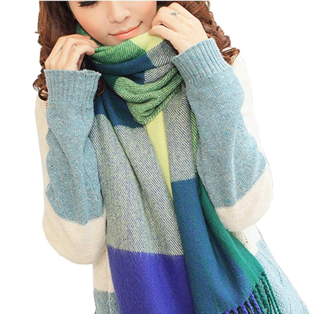 Lifestyle shot: women's oversized plaid winter scarf draped casually over a shoulder.