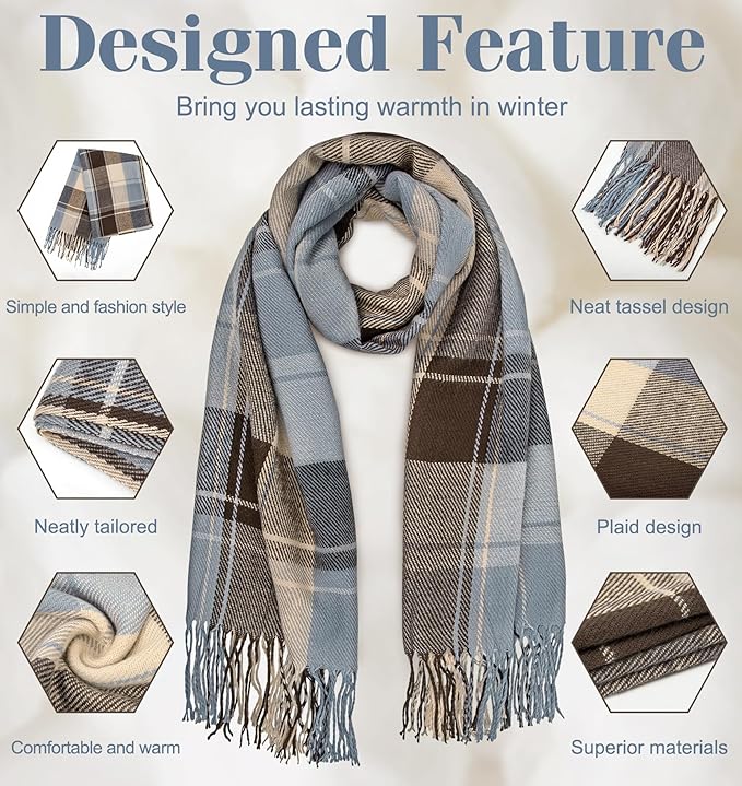 Warm and fashionable women's oversized plaid winter scarf, beautifully draped for display.