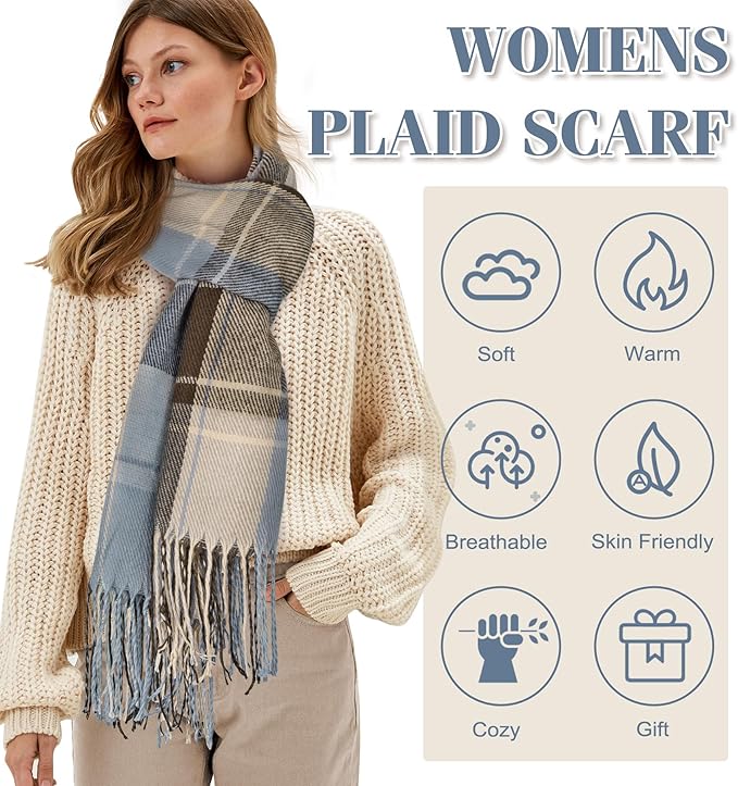 A women's oversized plaid winter scarf, presented as a flat lay, highlighting its texture.