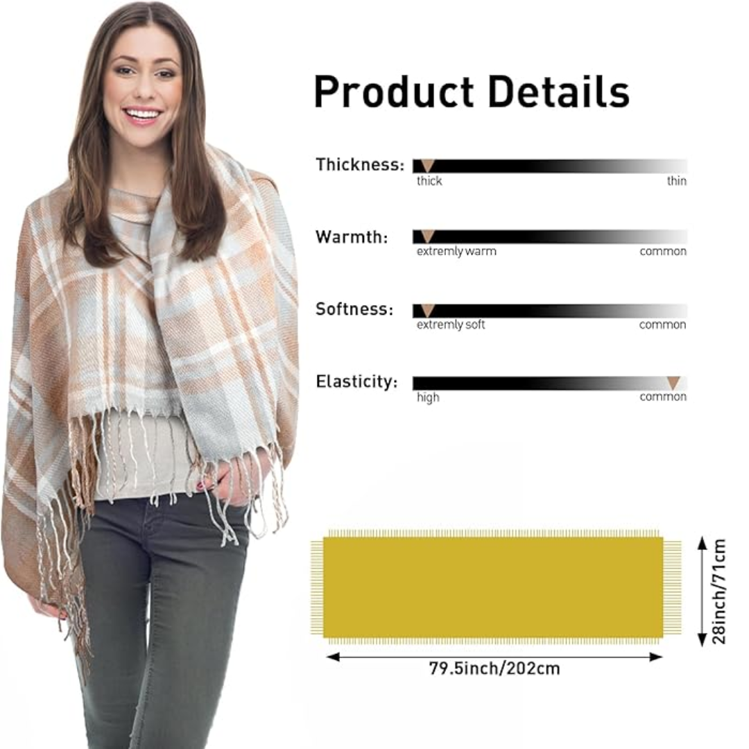 Stylish women's full-body shot wearing an oversized plaid winter scarf draped for warmth.