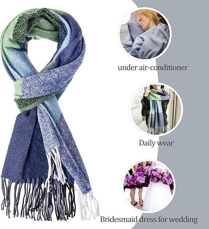 Women's accessory: large cozy plaid winter scarf, displayed folded to show its vibrant pattern.
