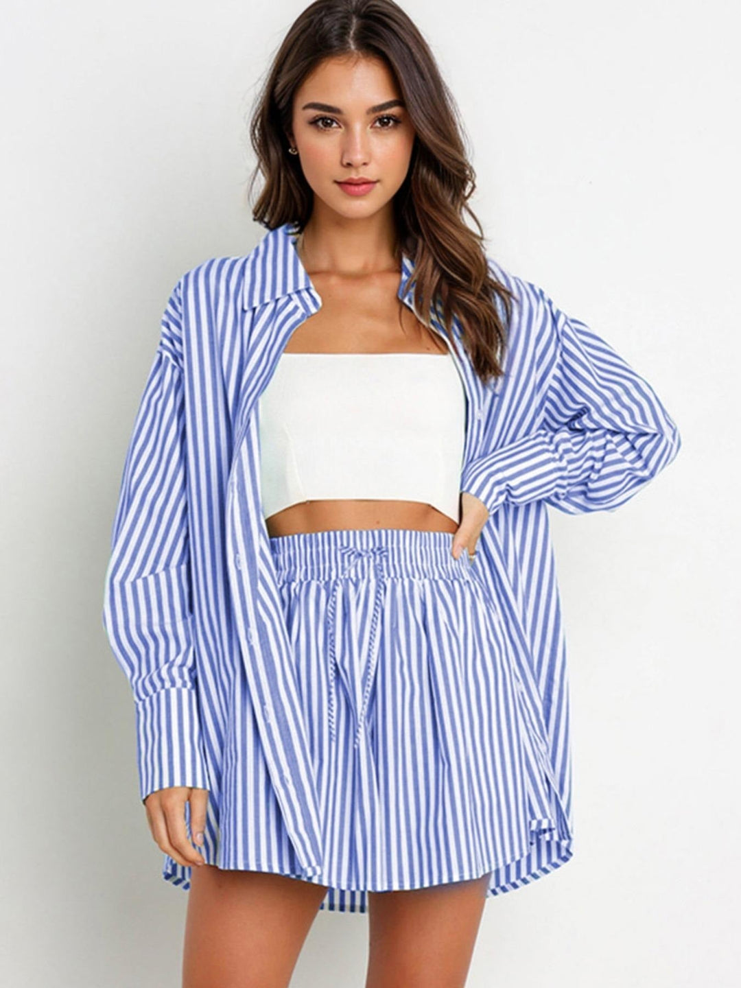 Stylish women's striped oversized lounge set, perfect for resort wear or a comfy summer outfit.