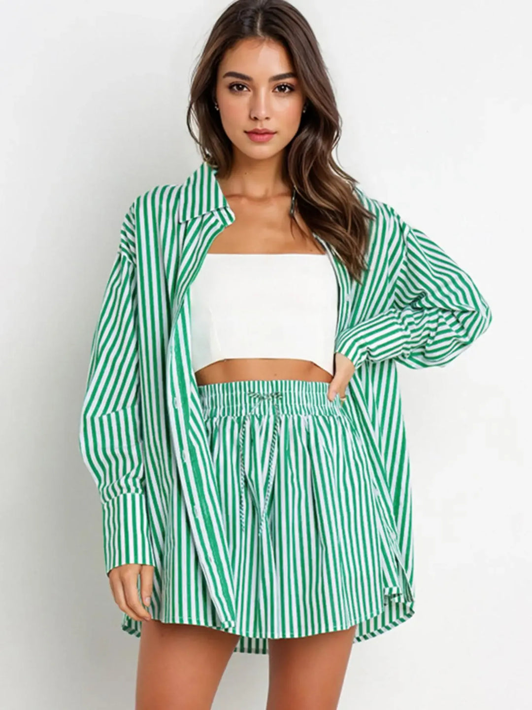 Relaxed fit women's oversized striped cotton lounge set, ideal for casual wear & stylish comfort.