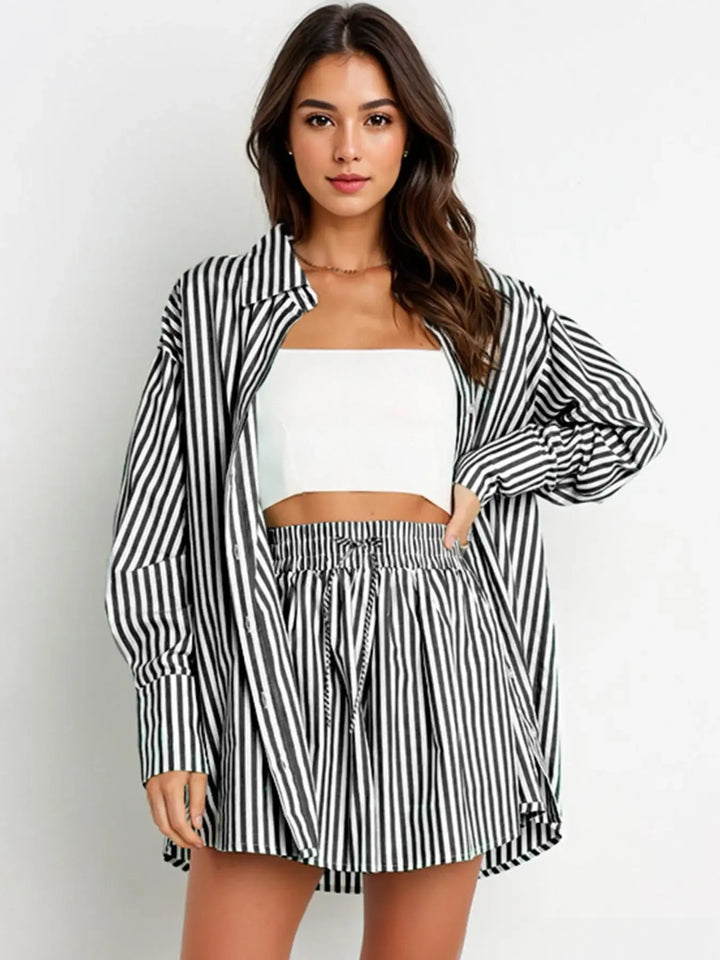 Chic women's two-piece striped oversized lounge set, a versatile summer outfit for relaxation.