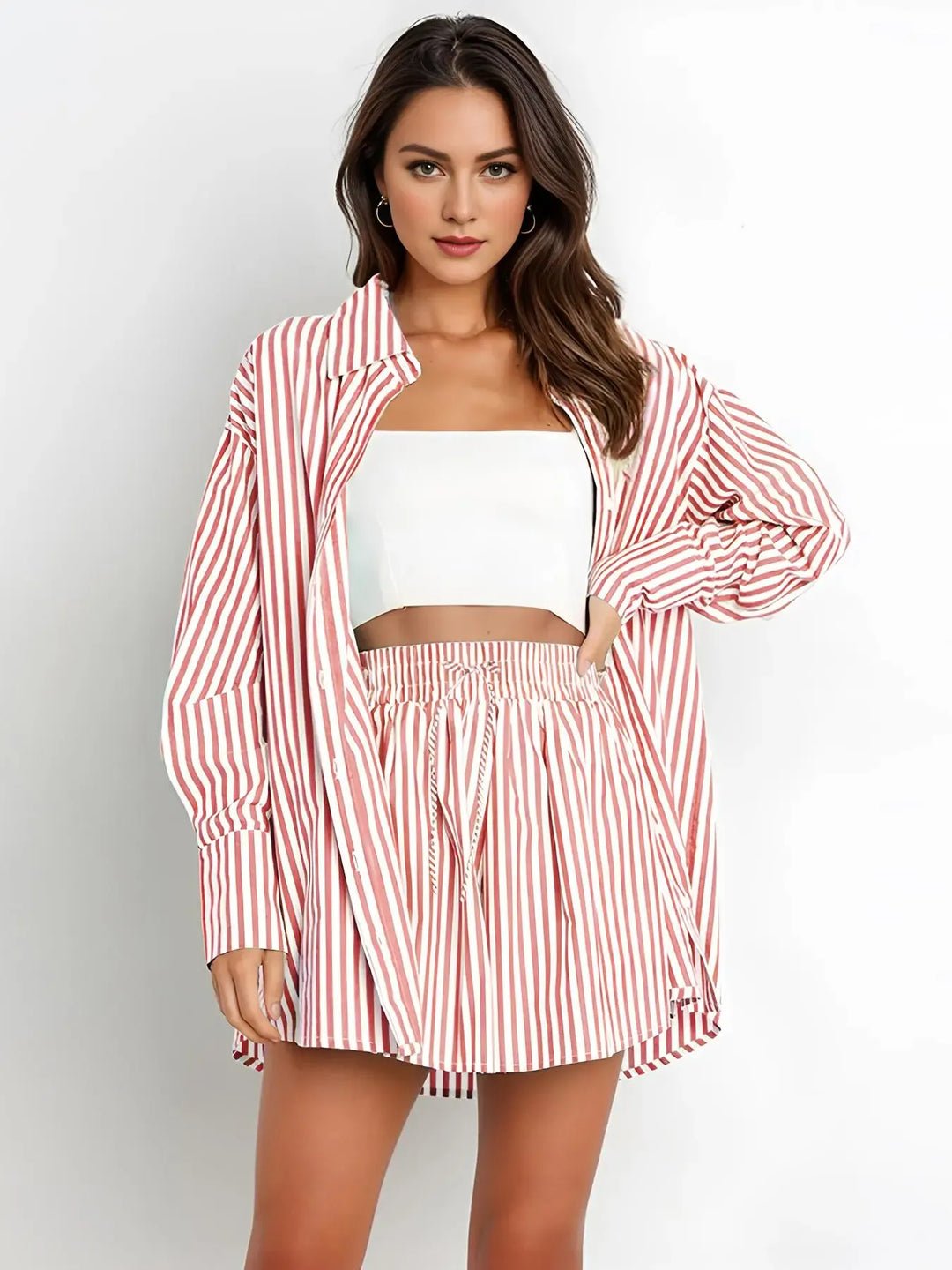 Soft cotton women's striped oversized lounge set, offering stylish comfort for casual and resort wear.