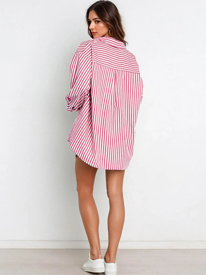 Comfy women's striped oversized lounge two-piece set, perfect for relaxing in style.