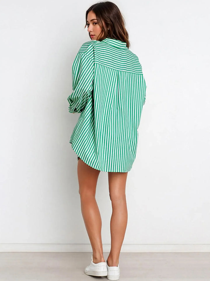 Women's striped oversized cotton lounge set, a stylish two-piece for casual or resort wear.