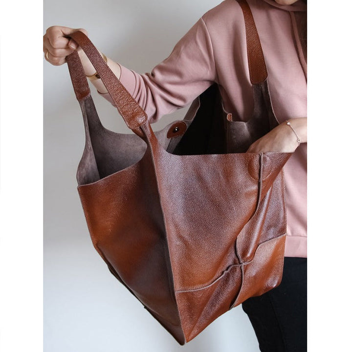 Large women's oversized vintage leather shoulder bag, great as an everyday tote & versatile handbag.