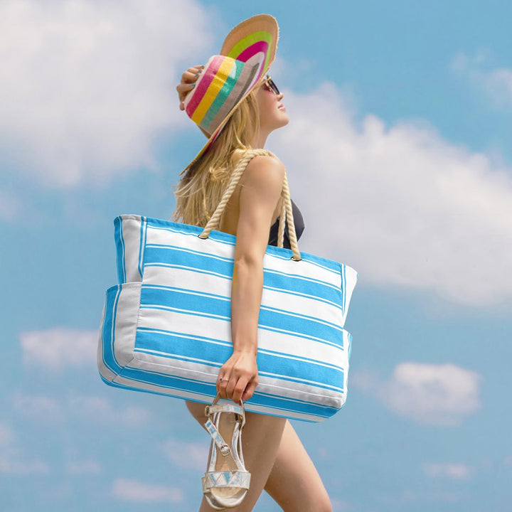 Durable sandproof summer bag, large capacity for beach, pool, or travel essentials.