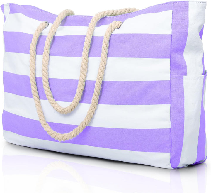 Large women's beach tote with waterproof lining, keeping items dry & sand-free.