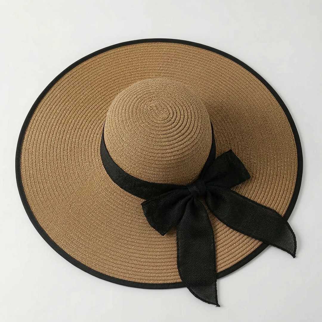 Versatile neutral wide brim sun hat for women, great for summer, beach & travel.
