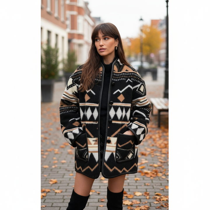 Women's oversized wool blend coat with abstract graphic print, perfect for autumn fashion
