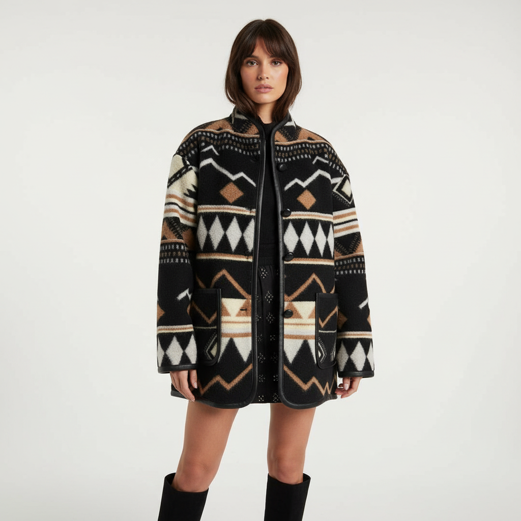 Stylish women's winter coat, an oversized wool blend with unique graphic design, cozy outerwear