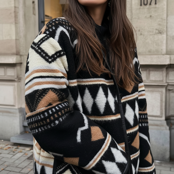 Close-up of graphic print oversized wool blend coat for women, showcasing autumn fashion details