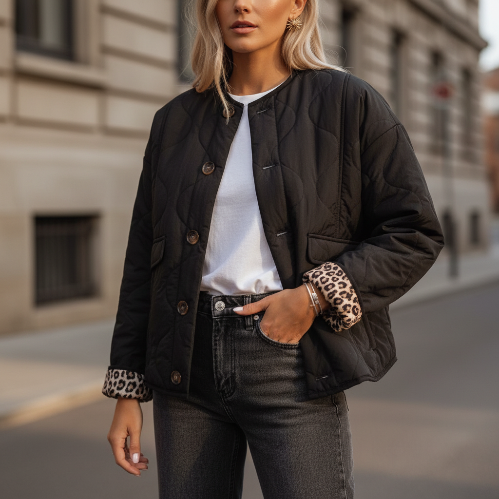 Women's padded jacket, black, with a subtle leopard print lining visible, perfect for fall fashion