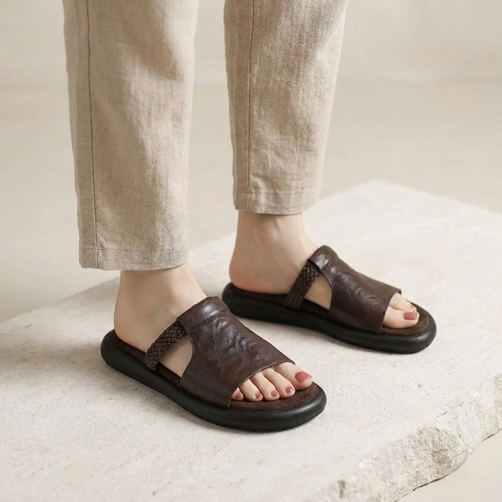 Stylish Palermo women's open-toe flats. Comfortable slip-on slides, ideal casual summer shoes.