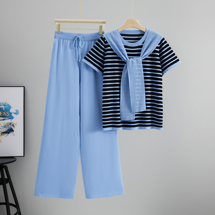 Women's Parisian Chic striped cotton blend lounge set. Comfortable two-piece everyday wear with wide-leg pants.