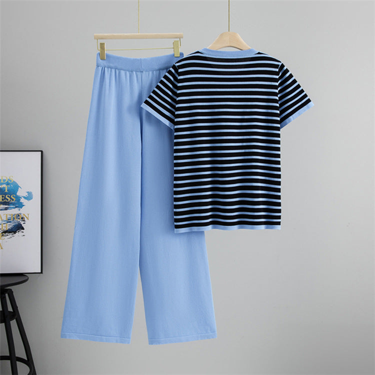 Striped cotton blend loungewear set for women. Casual chic two-piece with a comfortable Parisian aesthetic.