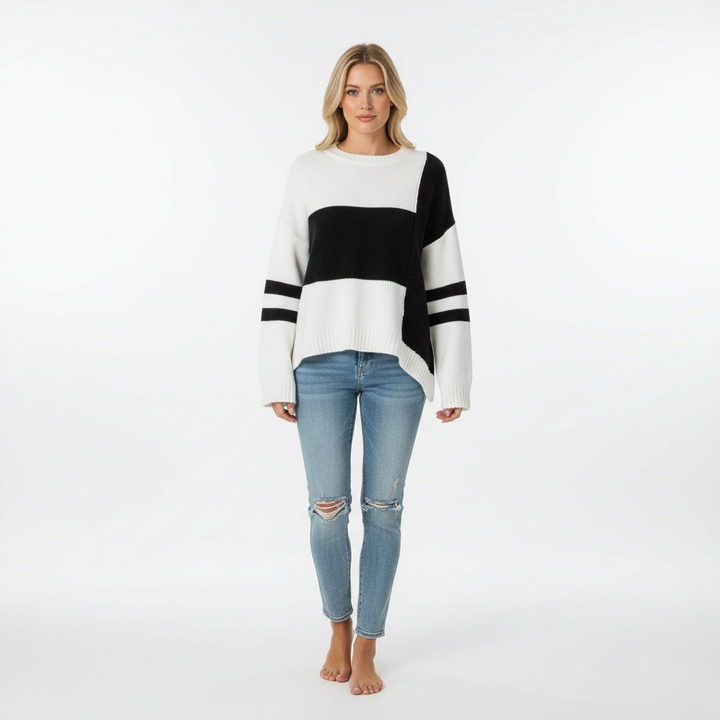 Stylish Helena patchwork pullover, long sleeve women's fashion knitwear