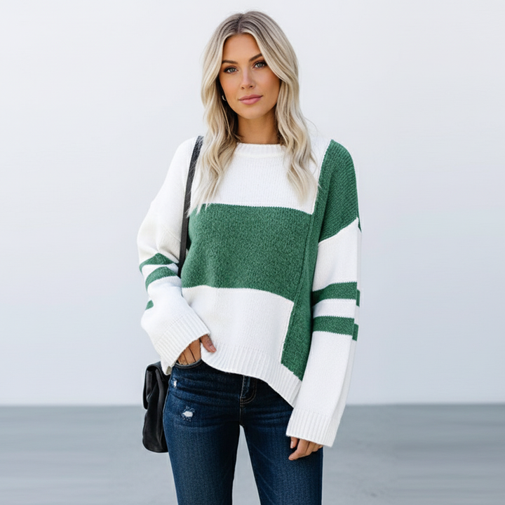 Comfortable women's knit cardigan, featuring a multicolor patchwork design