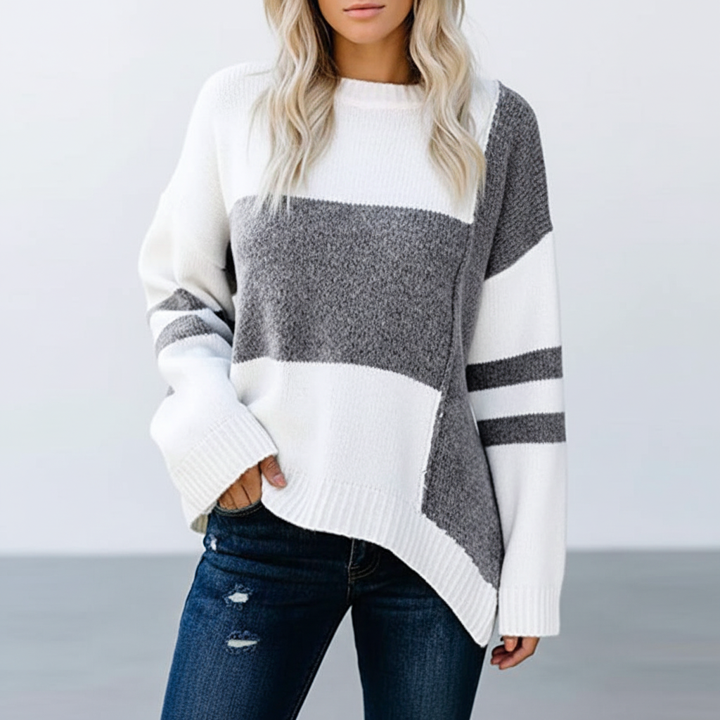 Women's knitted pullover with chic patchwork pattern, ideal for winter fashion