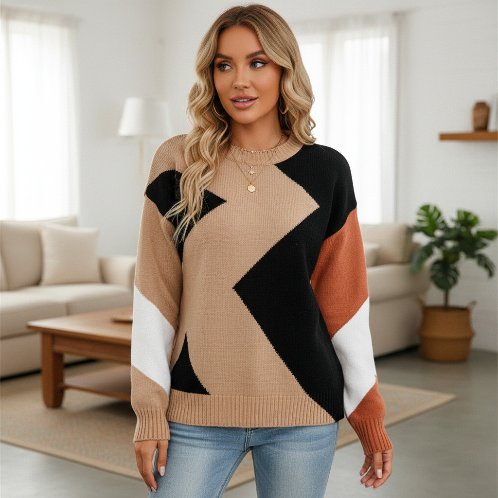 Women's patchwork knit pullover sweater, crew neck, comfortable cotton blend for autumn fashion