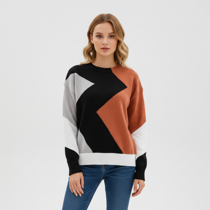 Stylish women's pullover with unique patchwork knit design, perfect casual top for winter wear