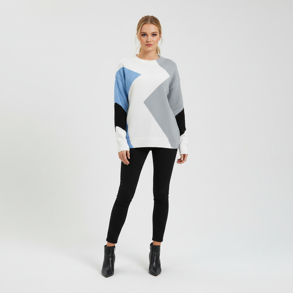Close-up of women's patchwork knit pullover sweater, showcasing textured design and cotton blend