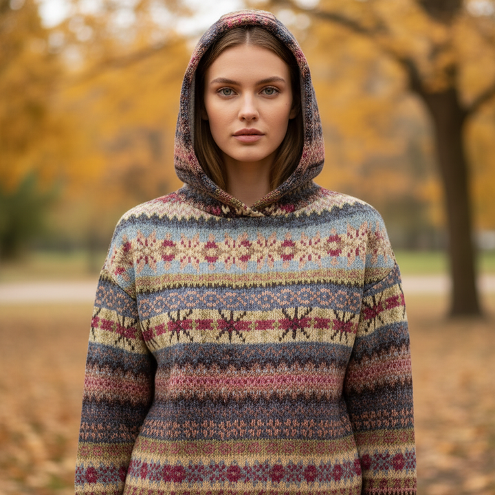 Women's patterned cotton blend fleece hoodie, Claudia, for cozy winter fashion