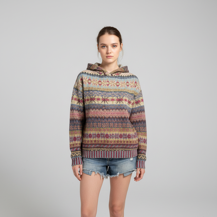 Casual women's patterned hoodie, Claudia, in soft cotton blend fleece, vintage style