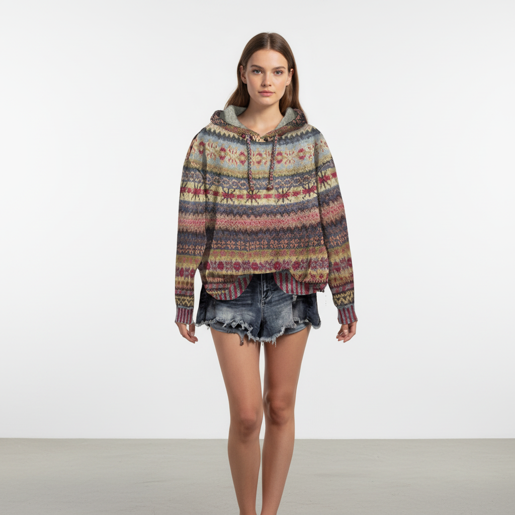 Warm women's patterned cotton blend hoodie, Claudia, a stylish casual top