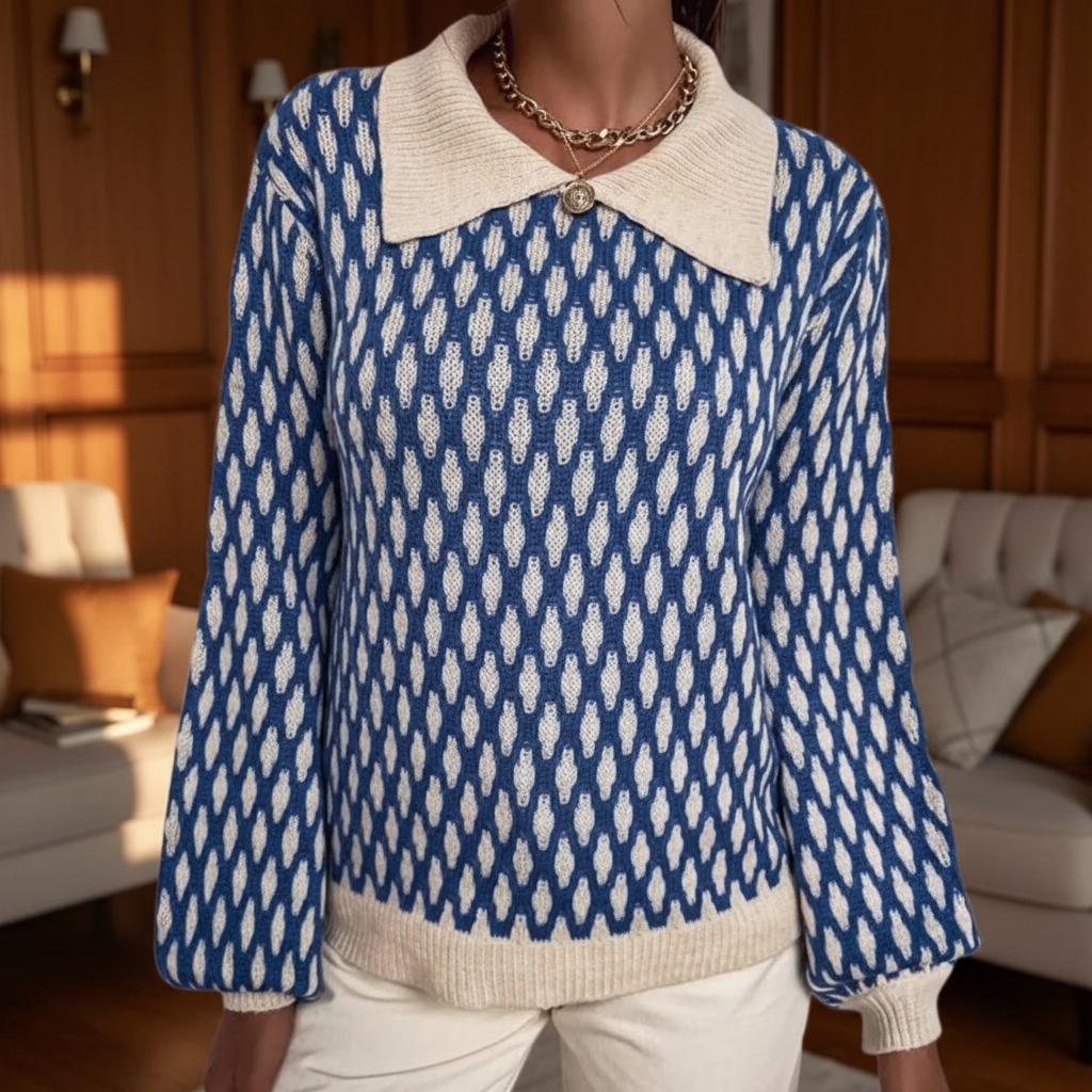 Women's patterned knit sweater, Elena style, with button collar and long sleeves for fall fashion