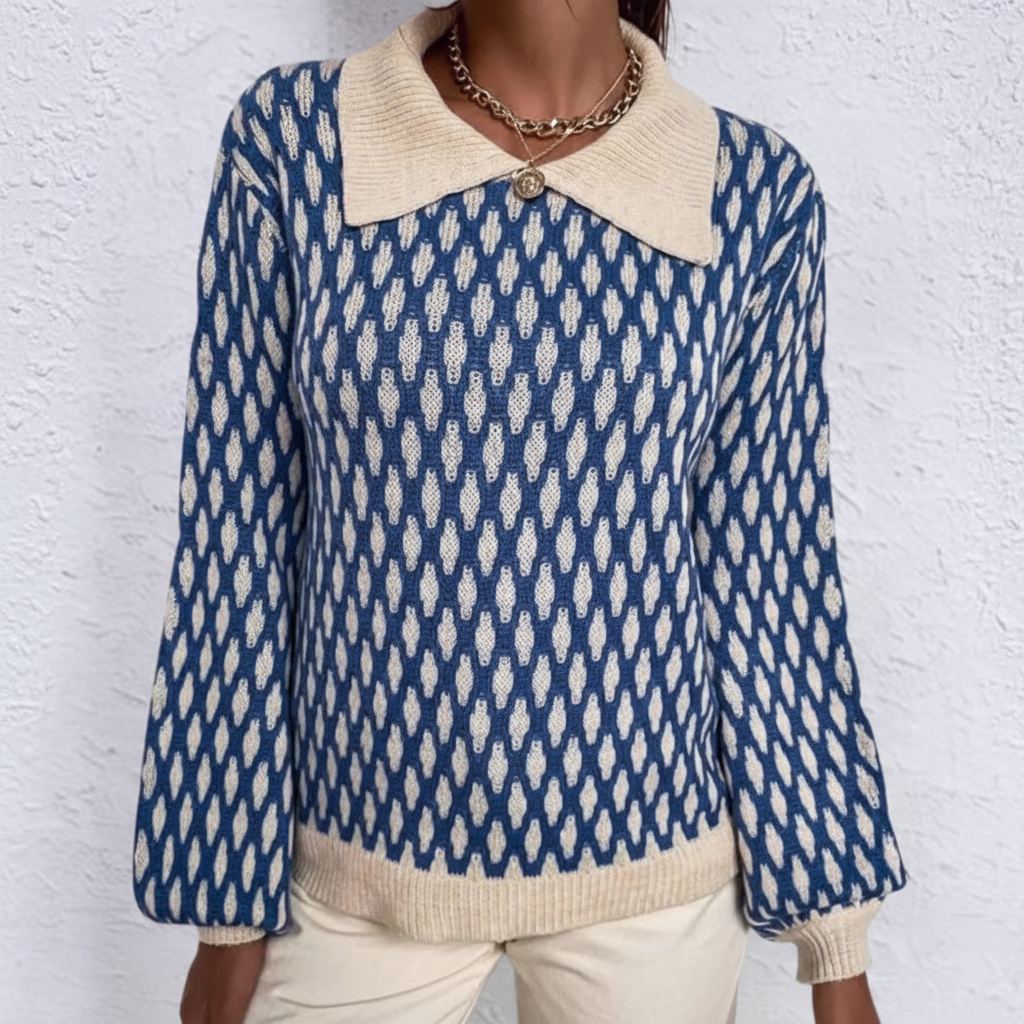 Stylish women's knitwear sweater, Elena, featuring intricate pattern and comfortable long sleeves