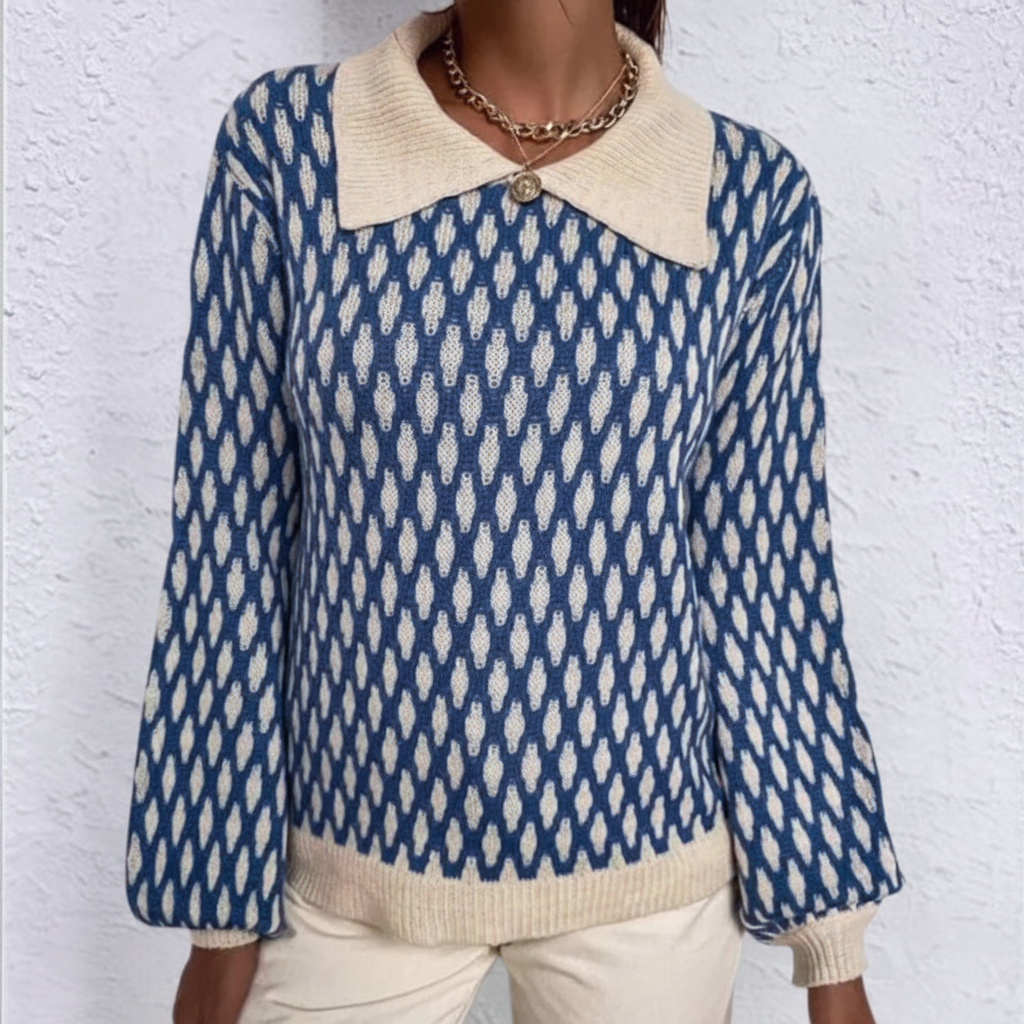 Close-up of Elena women's knit sweater showcasing collar detail, pattern, and soft texture