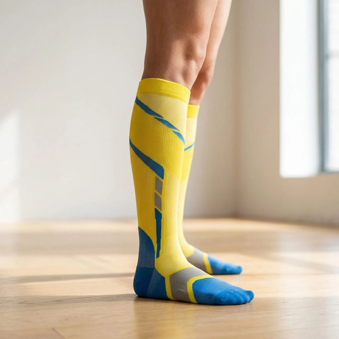 Women's performance knee-high sports socks for running & intense workouts. Supportive athletic wear.