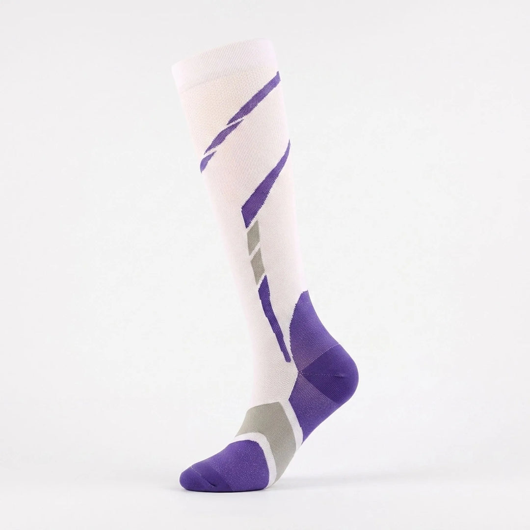 White women's knee-high athletic socks, perfect for tennis, gym, and active sports. Durable design.