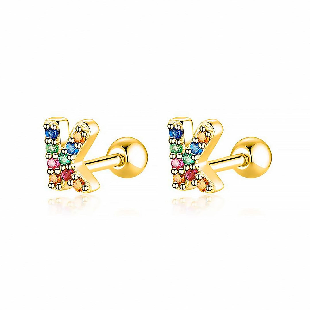 Women's gold plated personalized 'L' initial hoop earrings, unique custom jewelry.