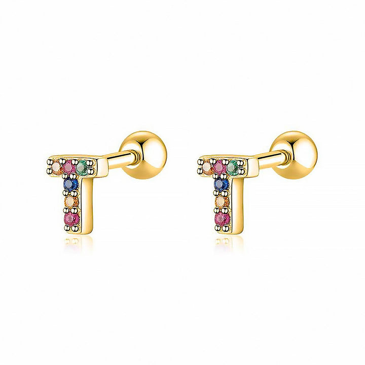 Women's gold plated 'T' initial hoop earrings, unique personalized custom jewelry.