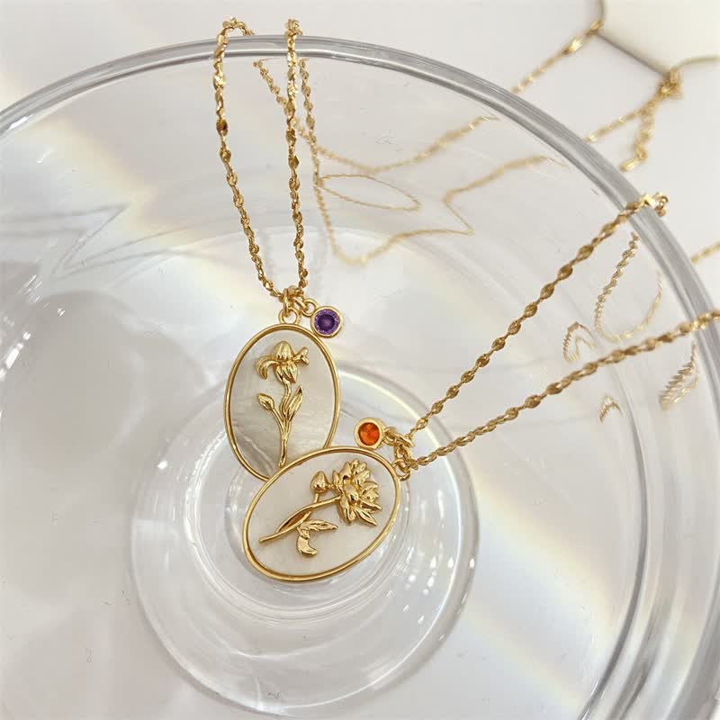Beautiful women's personalized birthstone necklace, delicate silver chain & birth flower charm.
